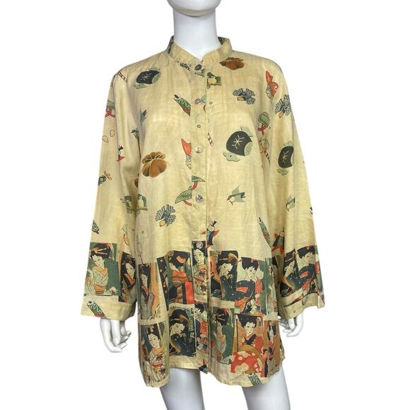 Citron Santa Monica Women's L Multicolor Linen Artsy Asian Print Tunic Top EUC - Picture 1 of 3